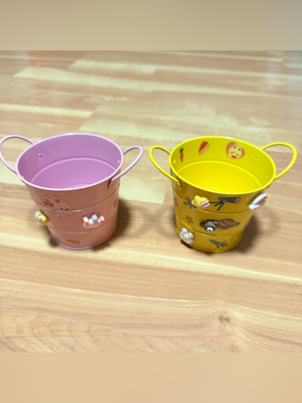 2 Mini Metal Buckets - Pink and Yellow with Charms